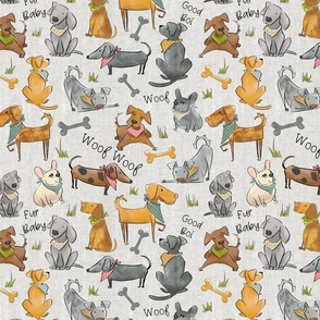Good Boi puppies-on gray linen (large scale)