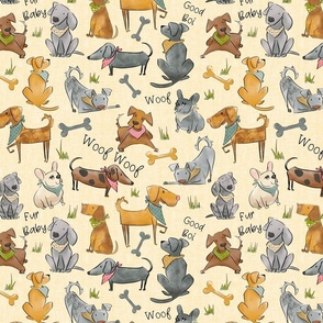 Good Boi puppies- on yellow linen (large scale)