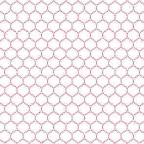 Geometric Interwoven Dotted Circle Pattern in Dark Pink on a Solid White Background with1.5 inch Repeat