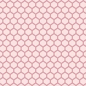 Geometric Interwoven Dotted Circle Pattern in Darkest Pink on a Solid Light Pink Background with1.5 inch Repeat