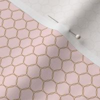 Geometric Interwoven Dotted Circle Pattern in Gold on a Solid Lightest Pale Pink Background with1.5 inch Repeat