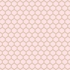 Geometric Interwoven Dotted Circle Pattern in Gold on a Solid Lightest Pale Pink Background with1.5 inch Repeat