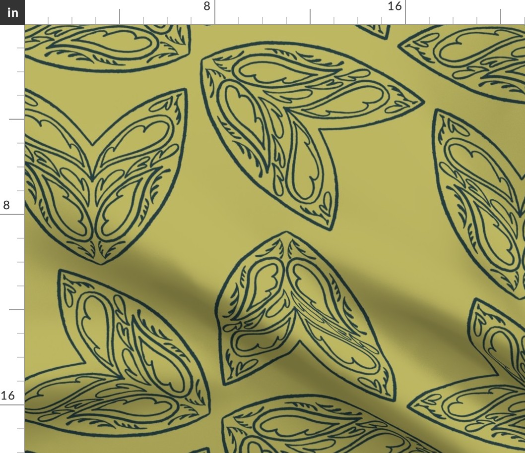 nautical navy chartreuse green block print sketchy fluers and hearts