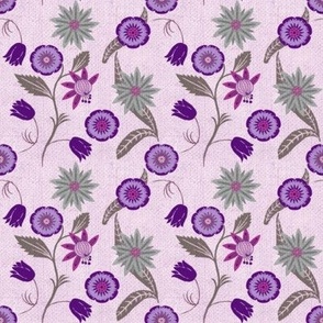 1900 Vintage Art Nouveau Floral in Purple and Mint on Woven Background