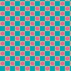 Little Checkers Pop Bright Retro Floral Geometric Checkerboard in Fuchsia Pink Turquoise Gray - SMALL Scale - UnBlink Studio by Jackie Tahara