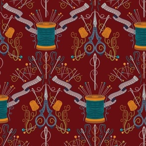 Seamstress Damask, Sewing Tools on Dark Red Background