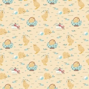 Mini Easter Spring Baby Chicks with Forget Me Nots and Lily of The Valley Flowers in Lemon Meringue Yellow Background