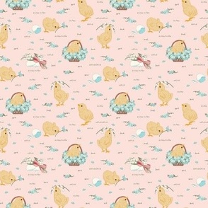 Mini Easter Spring Baby Chicks with Forget Me Nots and Lily of The Valley Flowers in Pale Pink Background