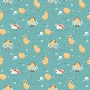 Mini Easter Spring Baby Chicks with Forget Me Nots and Lily of The Valley Flowers in Kingfisher Turquoise Teal  Background