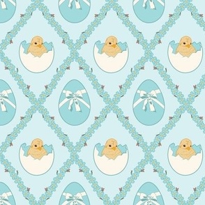 Small Easter Spring Baby Chicks in Eggs with Forget Me Nots Diamonds in Pastel Blue Background