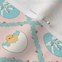 Small Easter Spring Baby Chicks in Eggs with Forget Me Nots Diamonds in Pastel Pink Background