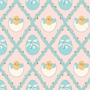 Small Easter Spring Baby Chicks in Eggs with Forget Me Nots Diamonds in Pastel Pink Background