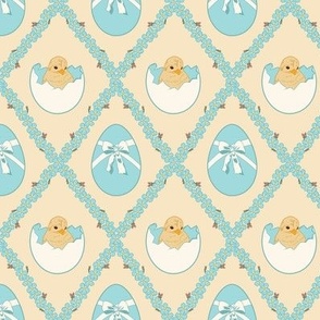 Small Easter Spring Baby Chicks in Eggs with Forget Me Nots Diamonds in Pastel Yellow Background