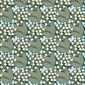 Mini Art Nouveau Lily of the Valley and Forget Me Not Flowers with a Platoon Dark Green Background