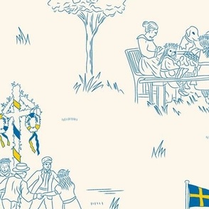 Large  Happy Swedish Midsummer Day Toile De Jouy with a Seashell White Background