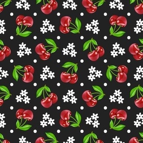 Floral Polka Dot Cherries - Charcoal Black, Large Scale