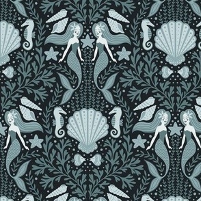 Mermaid Damask | Small Scale | Underwater Gray Mermaids