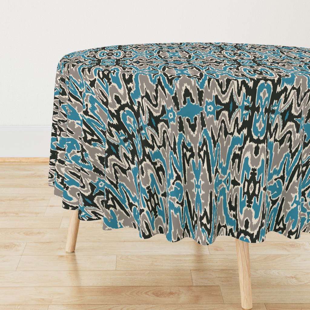 260 - Large scale Ikat ethnic inspired design in turquoise, cream, grey and black  - for home decor, ikat curtains, ikat duvet cover, ikat tablecloth, organic lines, mirror pattern
