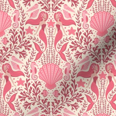 Mermaid Damask | Small Scale | Perfect Pink Mermaids