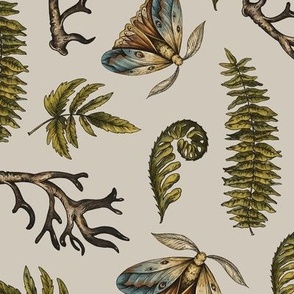 Fern leaves and Moth on Beige
