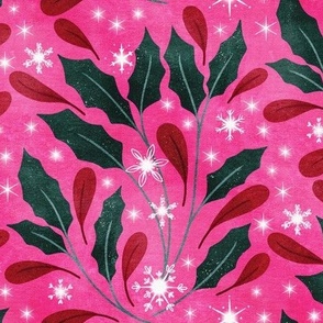 Hot Pink Retro Holly and Snowflakes