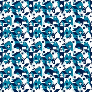 Woof City- Color Block Bauhaus Dogs- Blue Monochrome- Small Scale