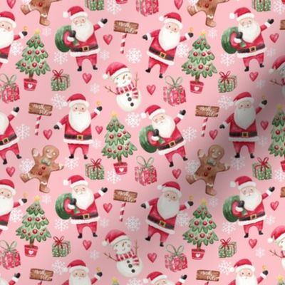 Cute watercolor santa with friends Christmas fabric pink small scale