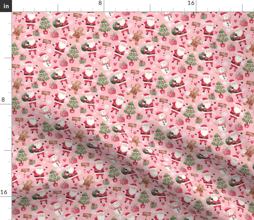 Cute watercolor santa with friends Christmas fabric pink small scale