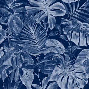 Monochromatic dark blue tropical palm leaves. Dark jungle.