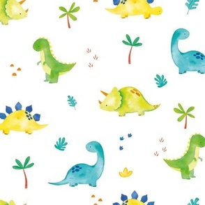 Cute watercolour dinosaurs - White background