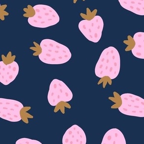 Ditsy strawberries pink on navy blue NON DIRECTIONAL Large scale
