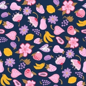 Funny and sweet fruits and flowers ditsy NON DIRECTIONAL on Navy blue Small scale