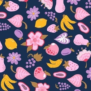 Funny and sweet fruits and flowers ditsy NON DIRECTIONAL on Navy blue Medium scale