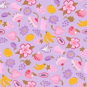 Funny and sweet fruits and flowers ditsy NON DIRECTIONAL on Digital lavender Small scale