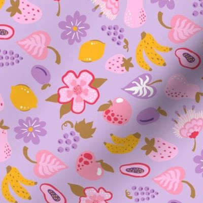 Funny and sweet fruits and flowers ditsy NON DIRECTIONAL on Digital lavender Medium scale