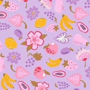 Funny and sweet fruits and flowers ditsy NON DIRECTIONAL on Digital lavender Medium scale