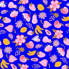 Funny and sweet fruits and flowers ditsy NON DIRECTIONAL on Electric blue Small scale