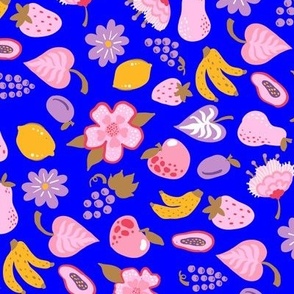Funny and sweet fruits and flowers ditsy NON DIRECTIONAL on Electric blue Medium scale