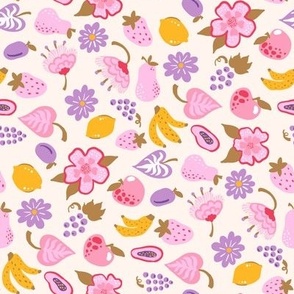 Funny and sweet fruits and flowers ditsy NON DIRECTIONAL on cream Small scale