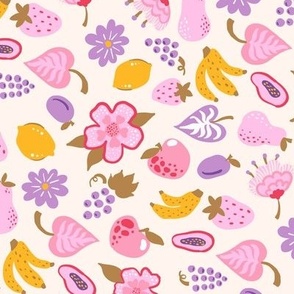 Funny and sweet fruits and flowers ditsy NON DIRECTIONAL on cream Medium scale