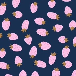 Ditsy strawberries pink on navy blue NON DIRECTIONAL Medium scale