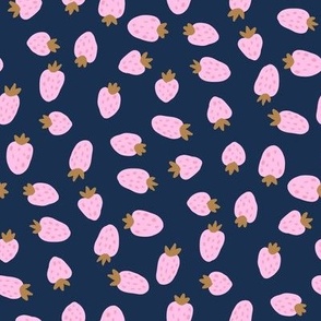 Ditsy strawberries pink on navy blue NON DIRECTIONAL Small scale