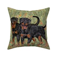 Two Rottweilers with Natural Tails on Wildflower Field For Pillow