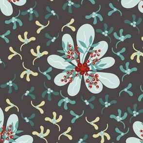 Christmas retro frosty florals with mistletoe on dark warm gray Medium scale