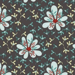 Christmas retro frosty florals with mistletoe on dark warm gray Small scale