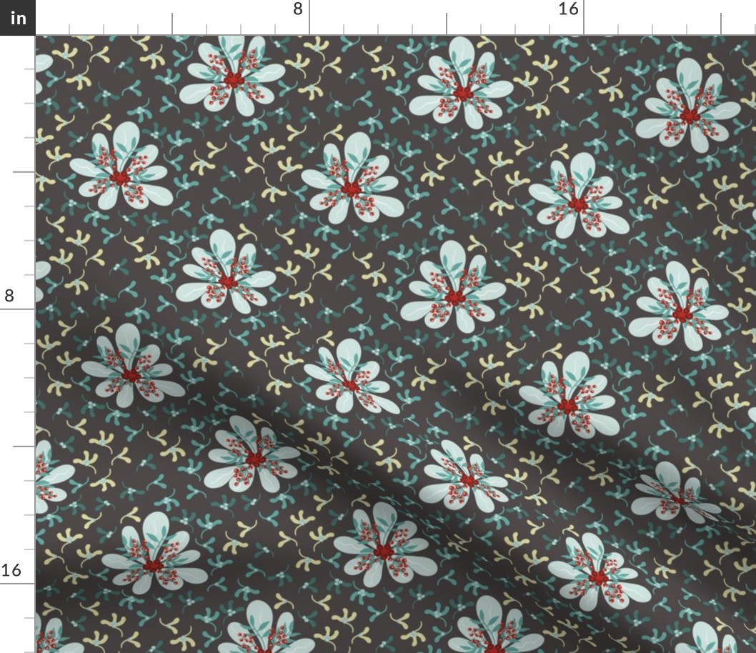 Christmas retro frosty florals with mistletoe on dark warm gray Small scale
