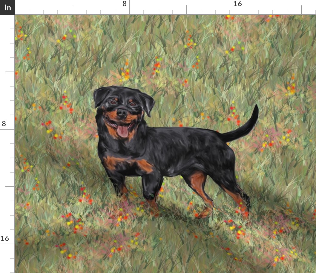 Rottweiler 2 with Natural Tail on Wildflower Field For Pillow