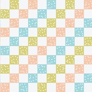 Checkered Pattern in blue, peach, and green