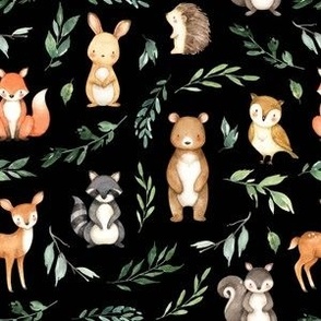 small scale woodland animals leaves black