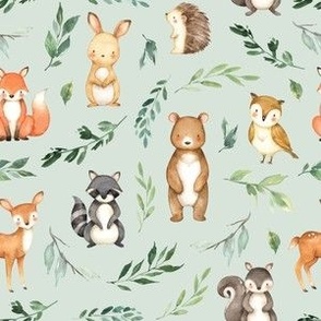 small scale woodland animals leaves green